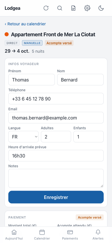Fiche d'une réservation dans Lodgea sur iPhone : infos voyageur, paiement, caution